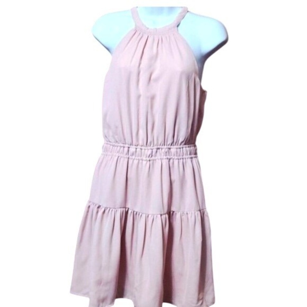 NEW‎ JAPNA Dusty Rose Halter Tiered Ruffle Dress Casual Beach Vacation (136)